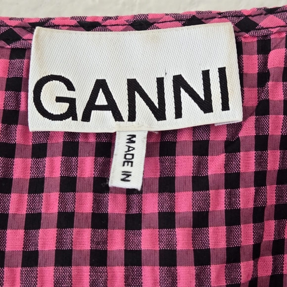 GANNI Carmine Rose Seersucker Check Gingham V Neck Gathered Midi Dress Small /36 - Picture 10 of 16